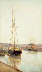 Båter på en kanal (olje på tre)